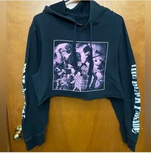Black Cropped Hoodie Sweater with Pink Graphic